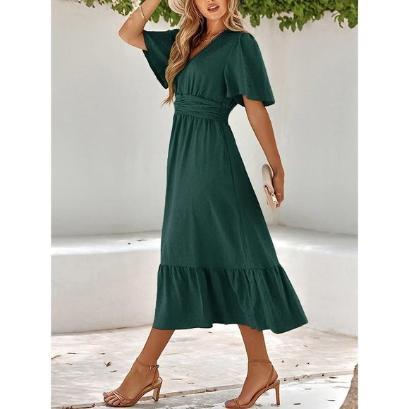 IFFEI Summer Maxi Dress V Neck Chiffon Ruffle Sleeve Swiss Dots A-Line Dress - Picture 4 of 7